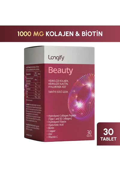Longify Beauty Hidrolize Kolajen Tip 1 Ve Tip 3, Hidrolize Elastin, Hyaluronik Asit, Biotin, Vitamin C, Çinko, Bakır Takviye Edici Gıda 30 Tablet