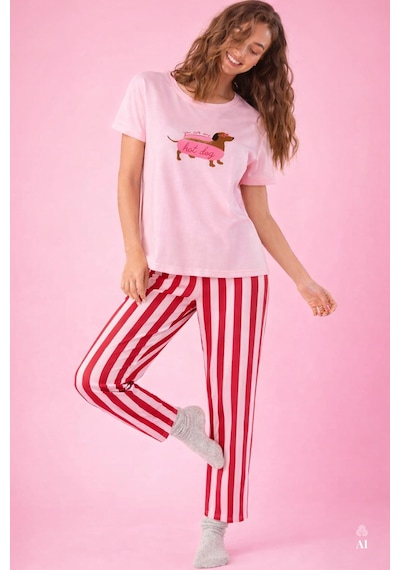 Koza İç Giyim Kadın Pamuklu Renkli Köpek Baskılı Örme Pijama Takımı Kk30127 Pembe