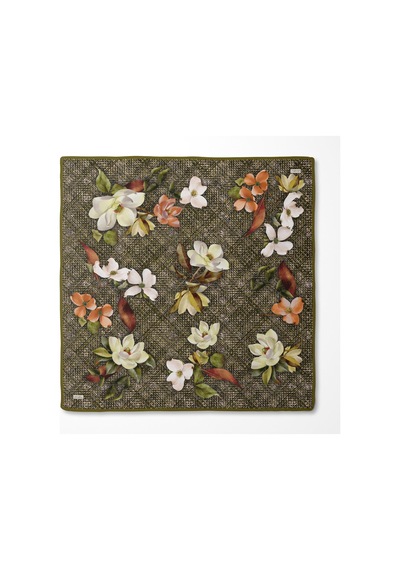 Levidor Çiçek Desenli Twill İpek Eşarp-0942 Yeşil