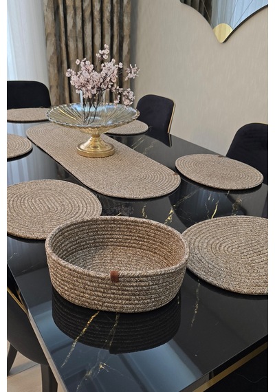 6 Lı Oval Supla 1 Runner 1 Dekoratif Ekmek Sepeti Seti Desenli Sunumluk Yemek Takımı Çok Renkli