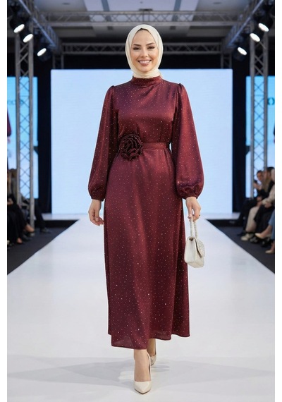 Hb Harma Time Butik Kadın İnci Detaylı Kuşaklı Bordo Saten Elbise Bordo Bordo