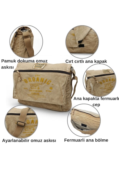 Dark Cotton 8128 Salaş Kanvas Omuz Postacı Siyah Antrasit 15.6" Laptop Okul Seyahat Günlük Vintage Pamuk Çanta Açık Camel