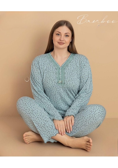 Pijamerry Kadın Büyük Beden Dantel Yaka Bambu Uzun Kol İnce Pijama Takımı 5671 - 1 Adet Yeşil Pijamerry Kadın Büyük Beden Dantel Yaka Bambu Uzun Kol İnce Pijama Takımı 5671 - 1 Adet Yeşil
