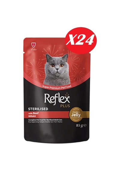 Reflex Plus Jöle İçinde Parça Biftek Etli Kısırlaştırılmış Kedi Yaş Maması 85 Gr 24 Adet