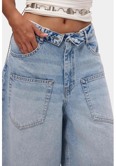Itsbasic Kadın Mavi 4s6-3 Süper Baggy Fit Kemer Detaylı Maxi Boy Denim Jort