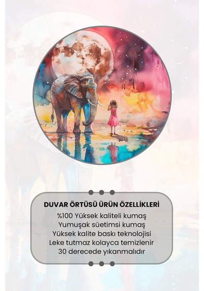 Ay Işığı Fil Ve Kız Desenli Duvar Halısı Duvar Örtüsü Tapestry Süet Dokulu Kumaş