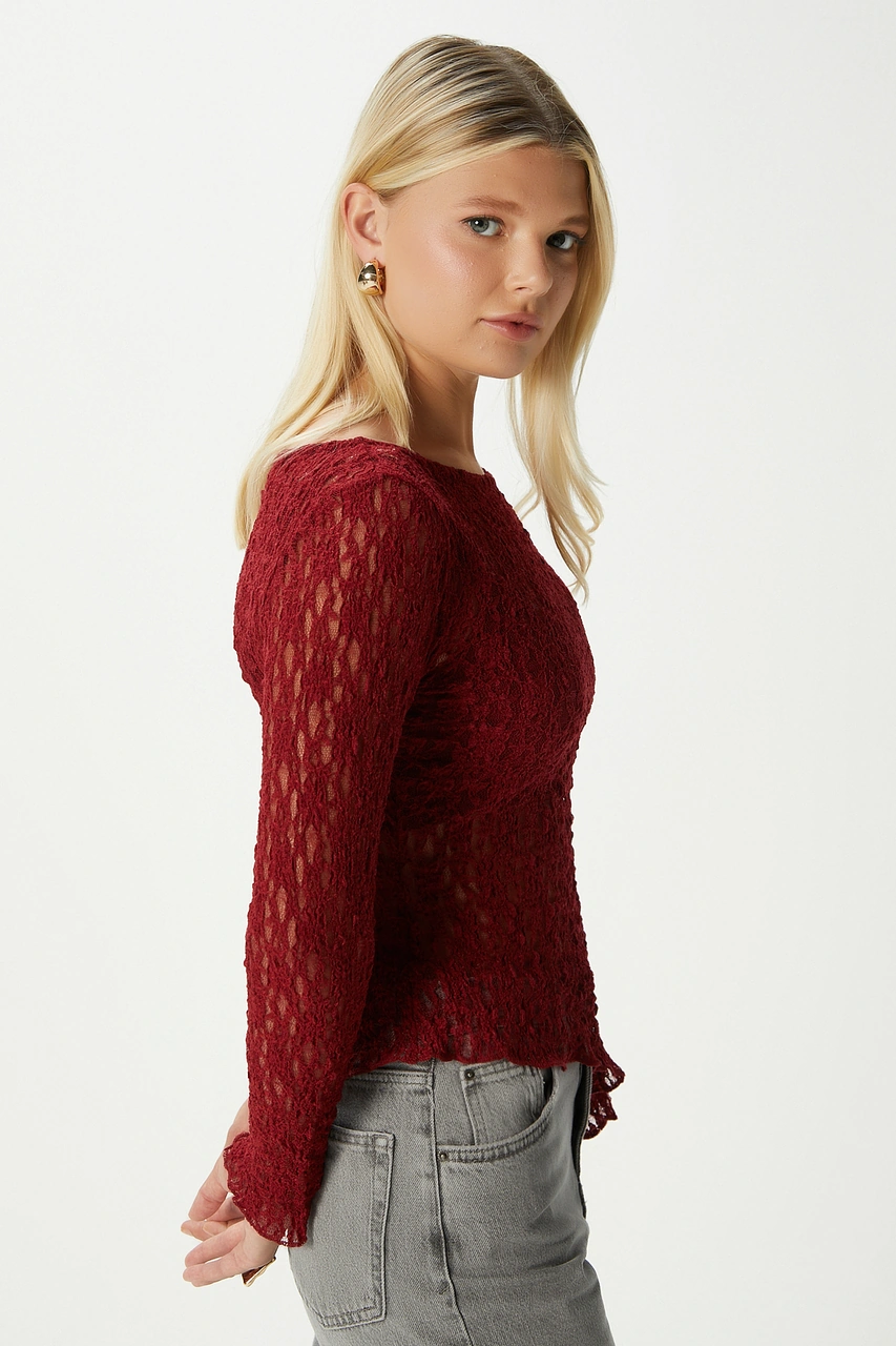 Ritnice Angel Asimetrik Bordo Uzun Kollu Dantel Top / Bluz Bordo