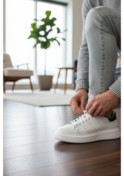 Enoch Hakiki Deri Yanı Delikli Kalın Taban Beyaz Erkek Sneaker Beyaz