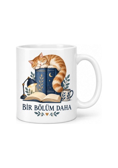 Bir Bölüm Daha Kitap Ve Uyuyan Kedi Tasarımlı Porselen Kupa - Model 259