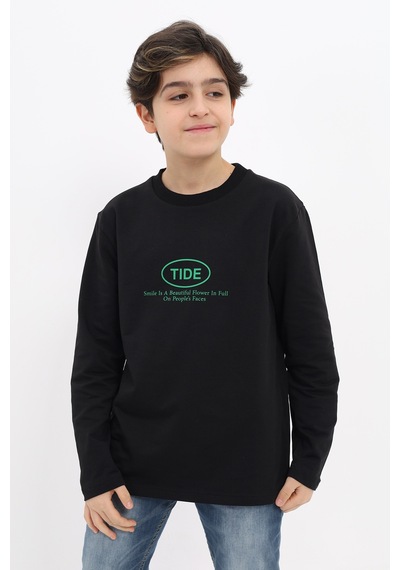 Toontoy Kids Toontoy Erkek Çocuk Oversize Bisiklet Yaka Hafif Düşük Omuz Baskılı Uzun Sweatshirt - 2 İplik Siyah