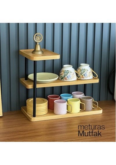 Tr 3 Katlı Bambu Mutfak Rafı, Metal Ayaklı, Doğal Bambu Ve Siyah Renk, Modern Tasarım, 32.5x28x15.5 Cm, Mutfak Düz Diğer