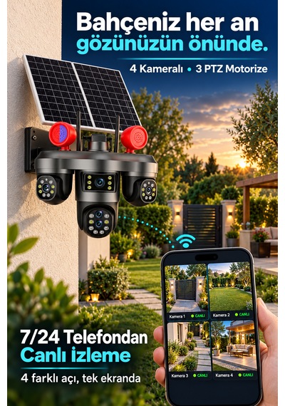 4 Kameralı 3 Motorize Ptz Kamera Wifi Çift Solar Panelli 10x Optik Zoom Uyarı Işıklı Güvenlik Kamerası