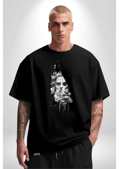 Poseidon Felsefe Pamuklu Bisiklet Yaka Unisex Oversize Boyfriend Dijital Baskılı Siyah T-shirt Siyah