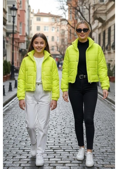 Genel Kız Çocuk Neon Yeşil Çıtçıtlı Fermuarlı Şişme Mont