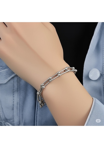 Modern Zincir Detaylı Unisex Bileklik Gümüş Renk Çok Renkli
