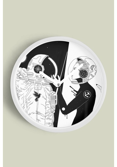 Uzay - Astronot - Astronomi Temalı Modern Duvar Saati - 42cm - Önü Camlı Beyaz Kasa Beyaz