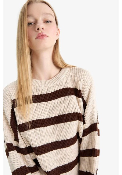 Defacto Coool Oversize Geniş Kalıp Bisiklet Yaka Çizgili Triko Kazak X4931az25wnbg644 Bej