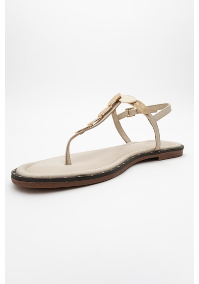 Luvishoes Luvi Shoes Marea Bej Hakiki Deri Parmak Arası Gold Tokalı Kadın Sandalet Bej