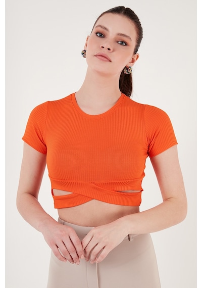 Lela Fitilli Bel Detaylı Kısa Kollu Dar Kesim Crop Bayan Bluz 5864211 Oranj