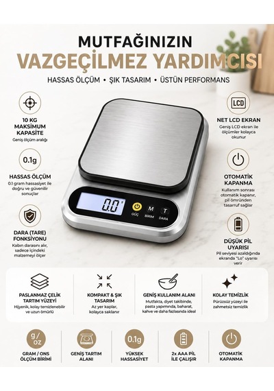10 Kg Dijital Hassas Mutfak Tartısı - Lcd Ekranlı, Paslanmaz Çelik Tartım Yüzeyi, Dara Tare Fonksiyonlu, Gram & Ons Ölçüm, 2x Aaa Pilli Çok Renkli