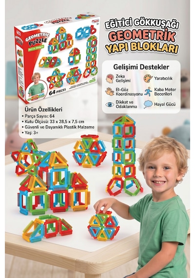Eğitici Geometrik Yapı Blokları 64 Parça Zeka Geliştirici Puzzle Tak Çıkar Oyuncak 3+ Yaş