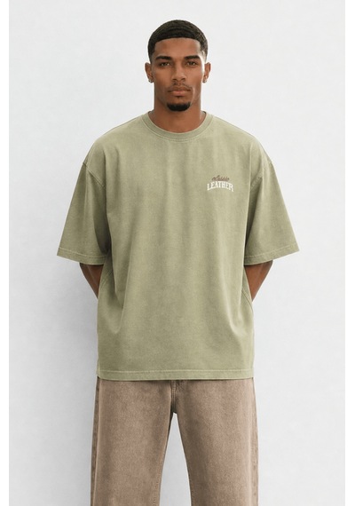 Respire Erkek Leather Baskılı Oversize T-shirt Haki