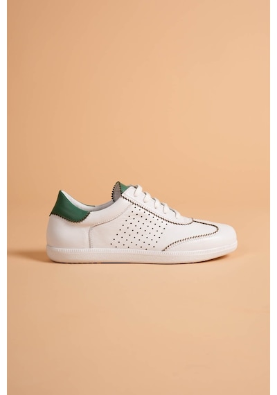 Analin Shoes Kadın Hakiki Deri Bağcıklı Süet Detaylı Spor Ayakkabı Beyaz - Yeşil
