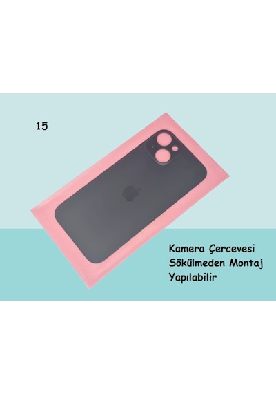 Tkgz - Apple Uyumlu iPhone 15 Arka Pil Batarya Kapağı - Cam Kapak Geniş Lens Deliği - Siyah Çok Renkli