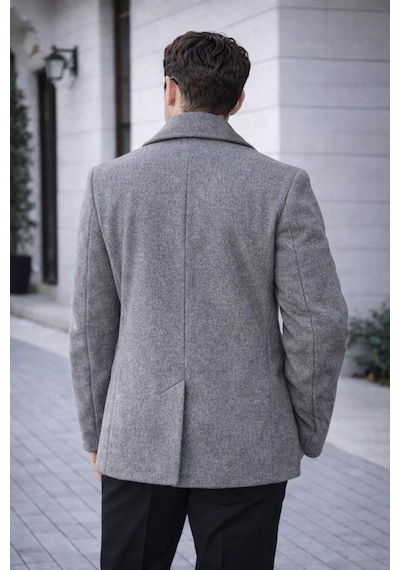 Erkek Casual Kruvaze Midi Boy Kaşe Kaban - Modern Kesim O. Gri Kaşe