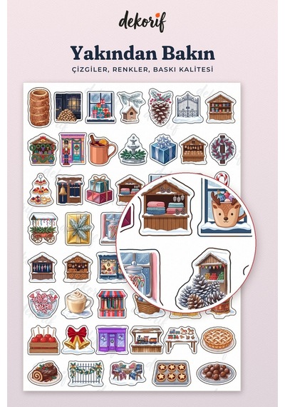 Yeni Yıl Panayırı Sticker Seti 100 Adet - Işıltılı Dükkanlar Karlı Sokaklar Renkli Ajanda Çıkartma Çok Renkli