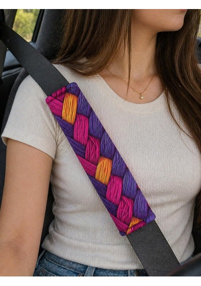 Lexroo Dijital Baskılı Emniyet Kemeri Pedi, 26 Cm, Yumuşak Süngerli, Mor Ve Pembe Örgü Desenli