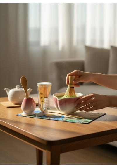 6 Parça Pembe Beyaz Renk Matcha Çayı Hazırlama Seti - Geleneksel Japon Matcha Seti Pembe - Beyaz