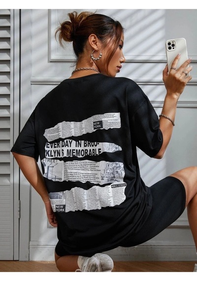 Tarzsokak Brooklyn Slogan Baskılı Gazete Desenli Oversize Siyah