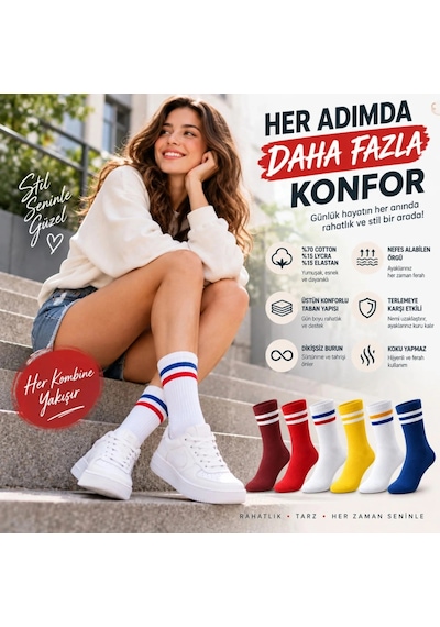 Biçomi Unisex Renkli Çorap Çizgili 12'li Set Uzun Soket Günlük Spor Kolej Stil Rahat Şık Kadın Erkek Çorabı Çok Renkli