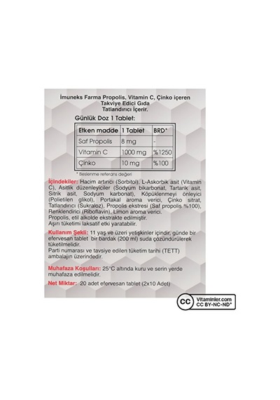 Imuneks Propolis Vitamin C Çinko 20 Efervesan Tablet