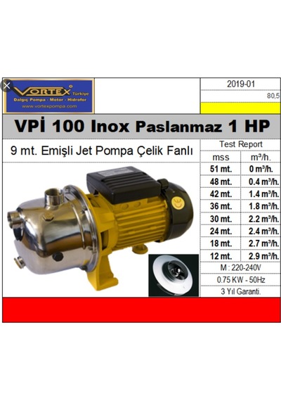 Vortex Vpi100 Paslanmaz Çelik Jet Pompa 1Hp 9 Metreden Emişli