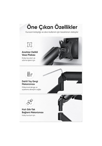Tek Kollu Monitör Kolu, 17-32, 2-9 Kg, Vesa 75x75/100x100 Uyumlu, Mekanik Yaylı, Tam Hareketli Masa Kelepçeli Monitö