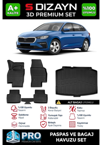 S-dizayn Skoda Scala 3d Pro Havuzlu Paspas Ve Bagaj Havuzu Seti 2'li Set 2019 Üzeri A+ Kalite