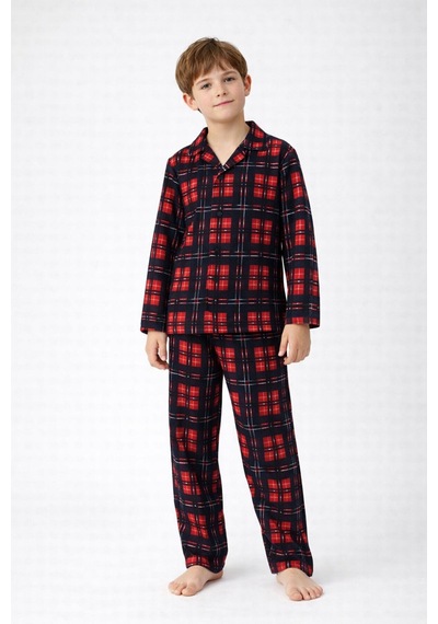 Free Beka Lacivert Ekose Desenli Uzun Kollu Gömlek Yaka Düğmeli Erkek Çocuk Pijama Takımı Kırmızı