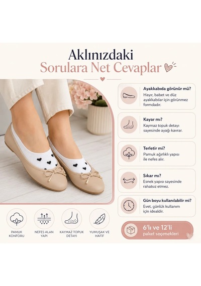 DS Wak Kadın Kalp Desenli Görünmez Babet Çorap 12'li Pamuklu Kaymaz Topuk, Siyah Beyaz Karışık