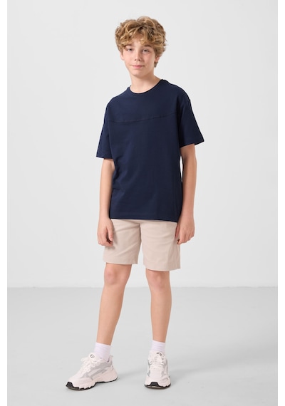 Lacivert-taş Pamuklu Oversize Fit Dokuma Hafif Esnek Chino Erkek Çocuk Şort Takım - 11279 Lacivert