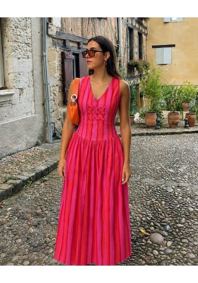 Asurboutique Asur Butik Kadın Fuşya Pembe Çizgili V Yaka Midi Elbise Kolsuz Yazlık Günlük Şık Elbise