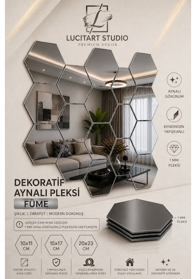 Lucitart Aynalı Pleksi Petek Duvar Dekoru Kendinden Yapışkanlı Dekoratif Altıgen Ayna Tekli 9 Renk 10x11 - 15x17 - 20x23 Cm Füme Lucitart Aynalı Pleksi Petek Duvar Dekoru Kendinden Yapışkanlı Dekoratif Altıgen Ayna Tekli 9 Renk 10x11 - 15x17 - 20x23 Cm Füme