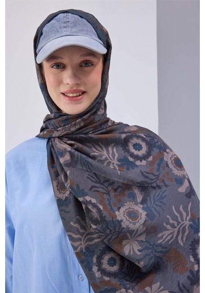 Silk Home Viskon Karışımlı Mayda Şal Çelik Mavi-indigo Desenli Tok Duruşlu 190x70 Çok Renkli