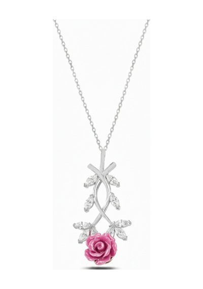 Çekirdekjewelry 925 Ayar Gümüş Pembe Güllü Kolye Gri