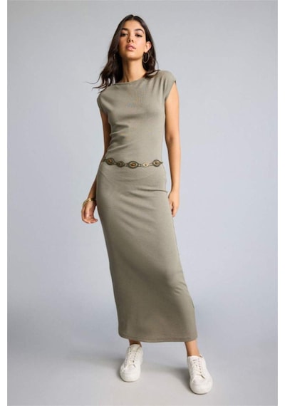 Defacto Bodycon Vücudu Saran Dik Yaka Modal Kısa Kollu Maxı Elbise H0862ax26aukh207 Haki-kh207