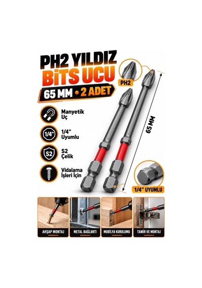 Ph2 Yıldız Bits Uç 65 Mm 2 Adet Mıknatıslı S2 Çelik 1/4 İnç Altıgen Şaftlı Vidalama Ucu