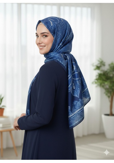 Premium Lux Original Etnik Desen Şal Vual İpek, 1. Sınıf, Hafif, Rahat, Şık, Tesettür Giyim Mavi - Lacivert