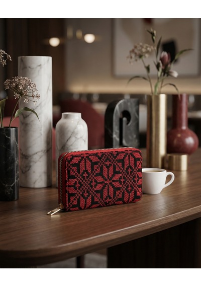 Zaytoon Filistin Geleneksel Kırmızı Nakışlı Tek Fermuarlı Kadın Büyük Cüzdeni 14x9 Cm A100029 Kırmızı