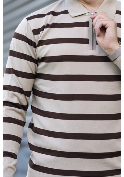 Hk Premium Kazak Fermuarlı Polo Yaka Çizgili Triko Sweatshirt Bej